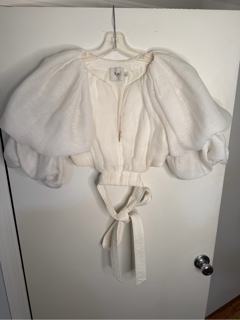 Aje Cream Puff-Sleeve Tie-Back Crop Top